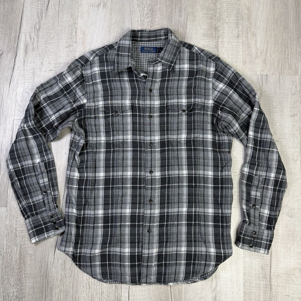 Polo Ralph Lauren Men's Medium Black White Plaid Flannel Shirt Western Snap N